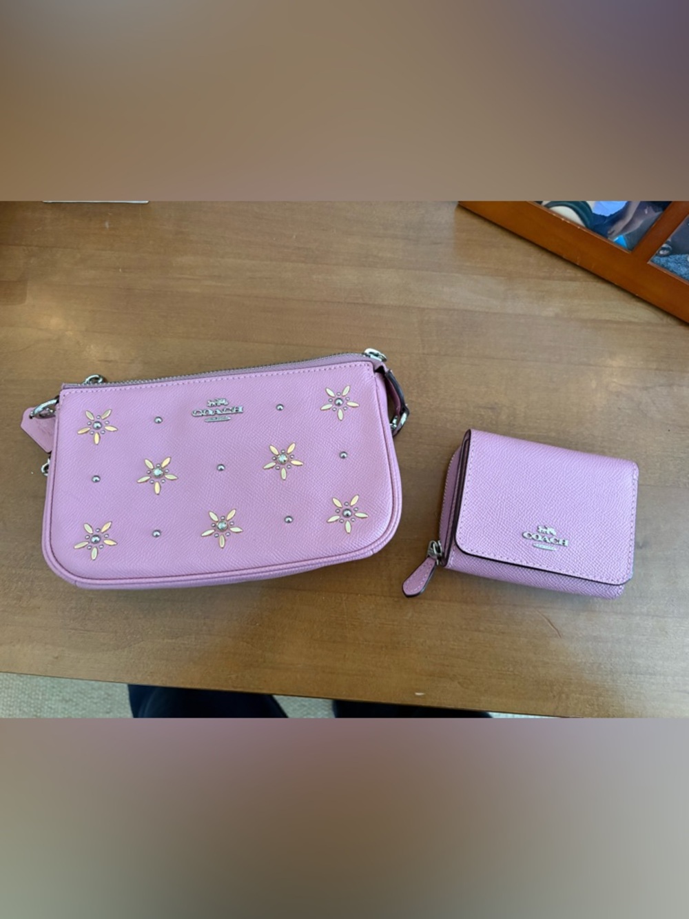 Coach Pink Floral Studded Leather Wristlet and Card Wallet Set